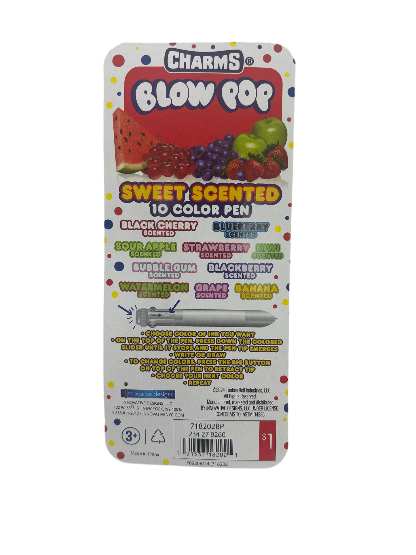 Packaging of Charms Blow Pop Sweet Scented 10 Color Pen on a white background