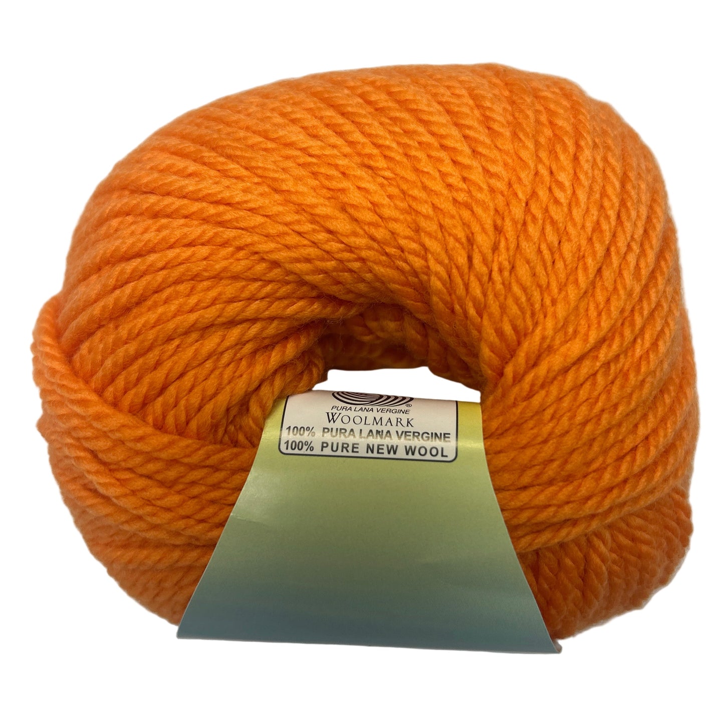 Orange ball of yarn with a label on a white background
