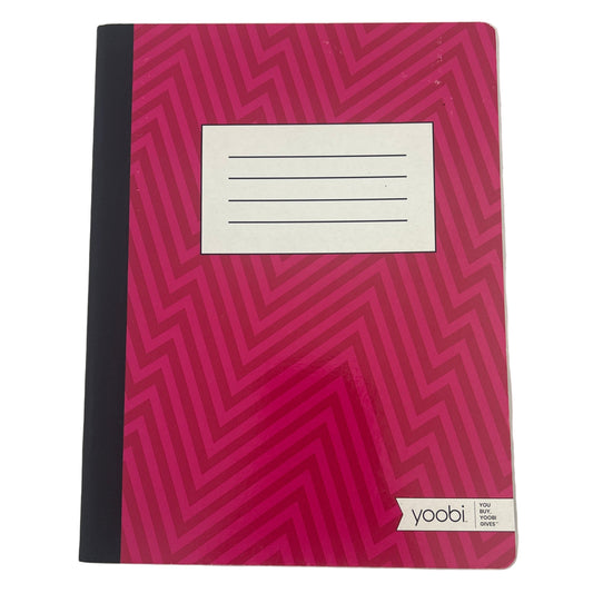 Pink notebook with black geometric pattern on a white background