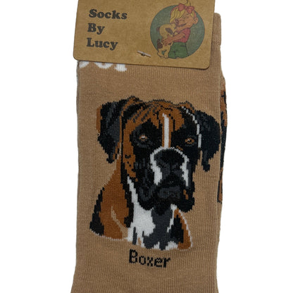 Beige sock with boxer dog design on a textured gray background