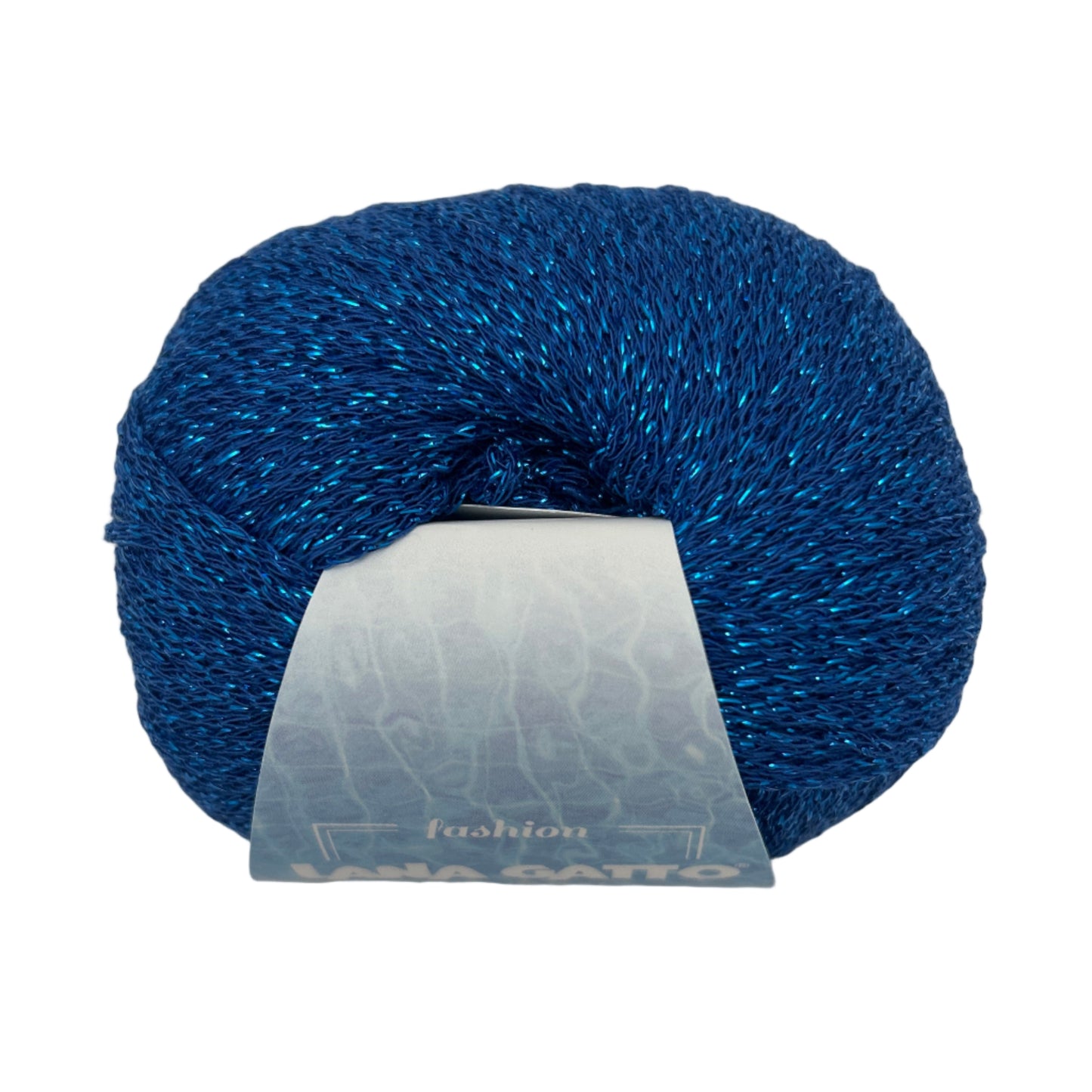 Blue yarn ball with a label on a white background