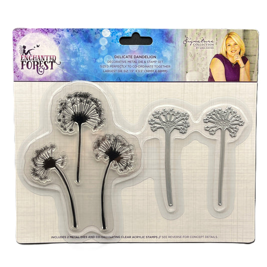 Packaged decorative metal dandelion die & stamp set from Enchanted Forest on a white background.