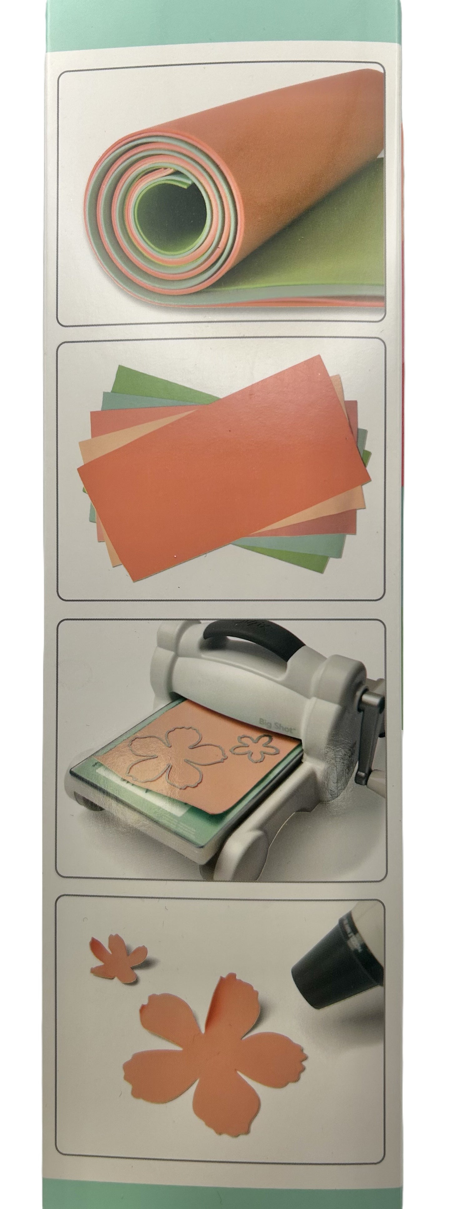Set of craft materials including paper, a printer, and decorative items on a white background.