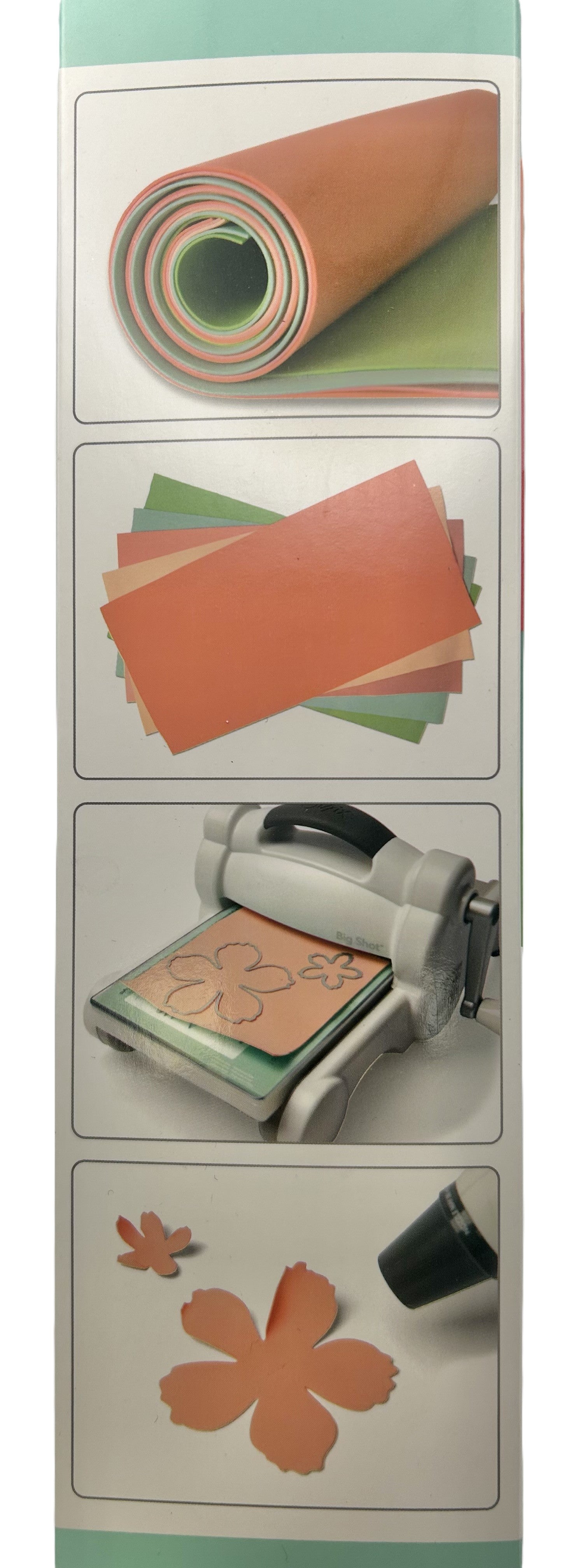 Set of craft materials including paper, a printer, and decorative items on a white background.
