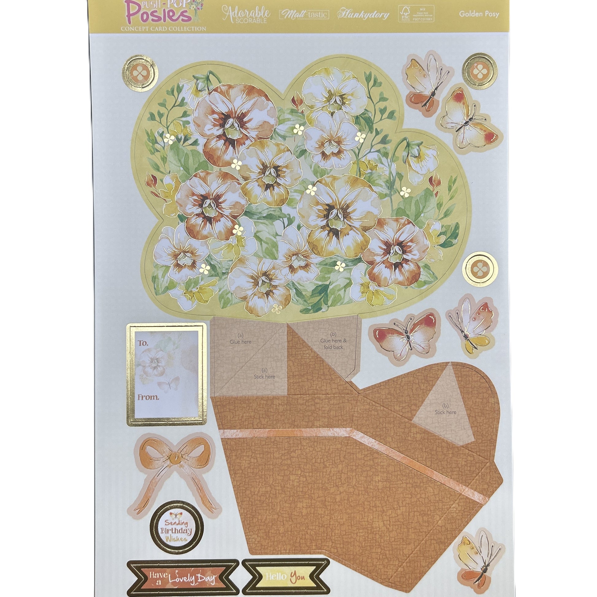Decorative paper set with flowers, butterflies, and envelopes on a white background