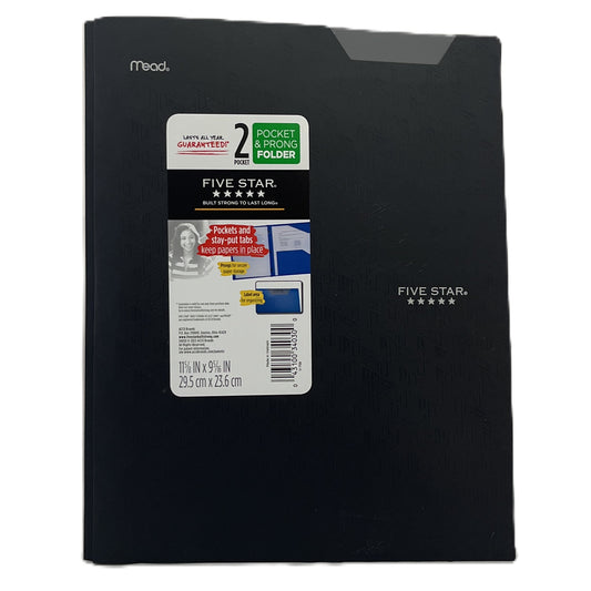 Black Five Star folder with a label on a white background