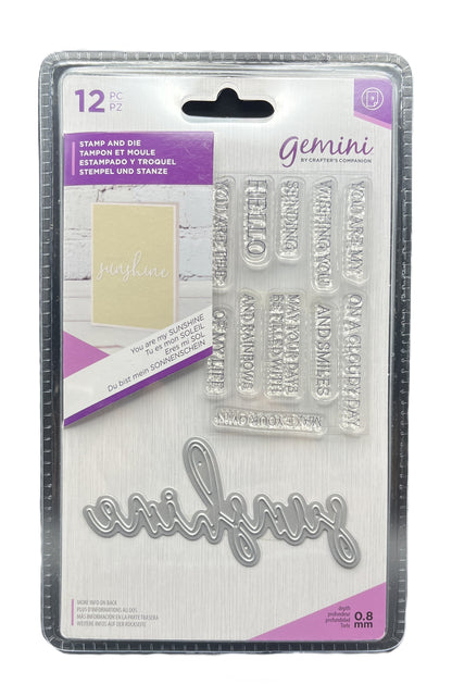 Packaging of Gemini stamps with clear stamps and a die-cut word on a white background