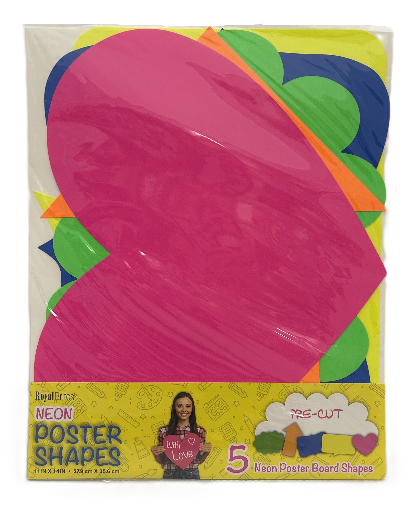 Neon poster shapes packaging with colorful shapes and a woman holding a sign.
