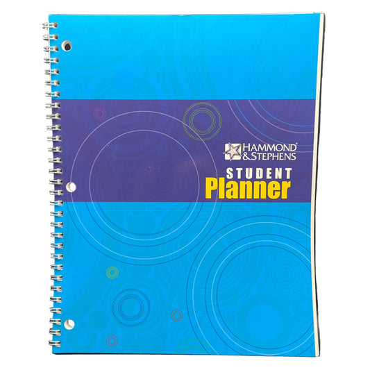 Blue student planner with Hammond & Stephens branding on a white background