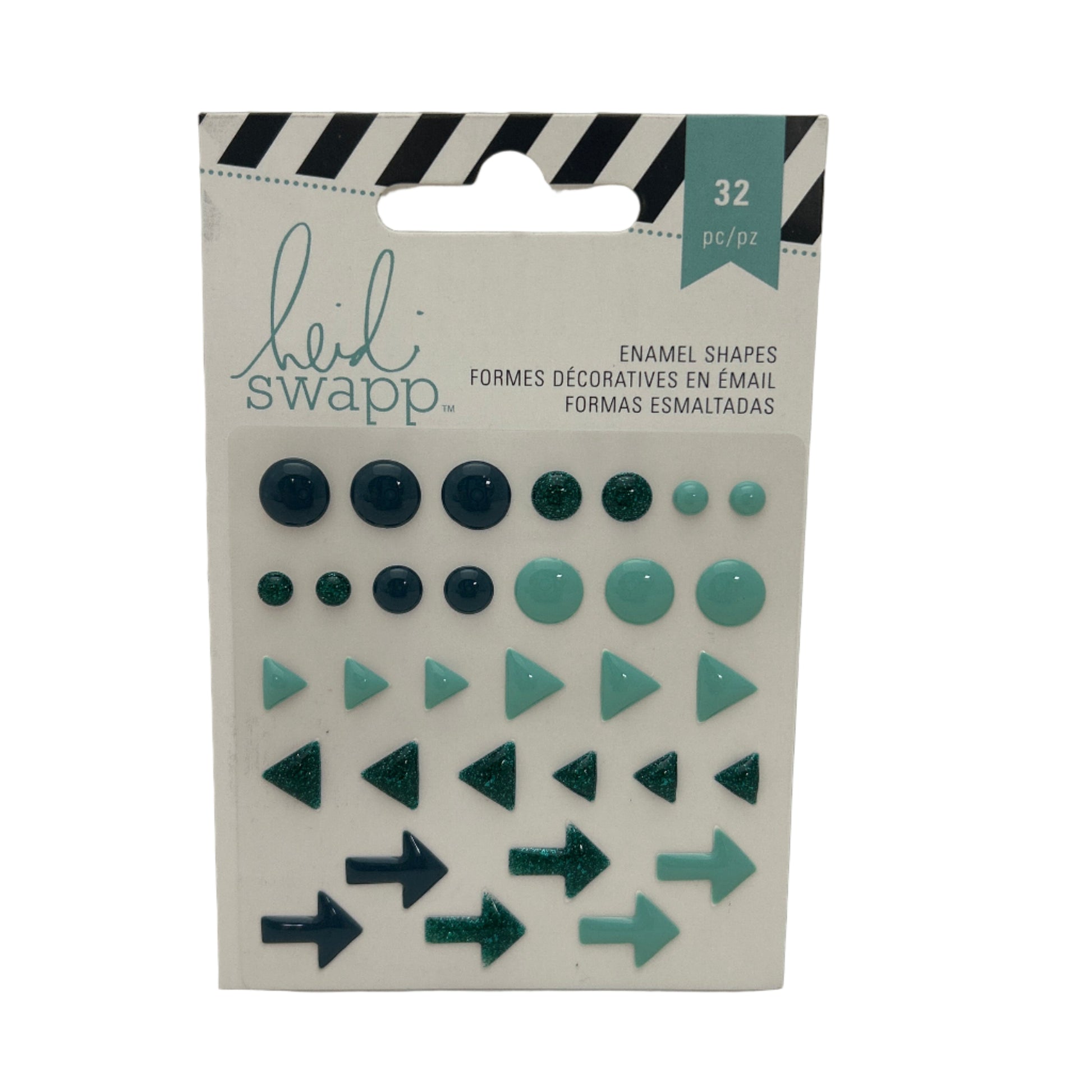 Packaging of Heidi Swapp enamel shapes with blue and green decorative elements on a white background.