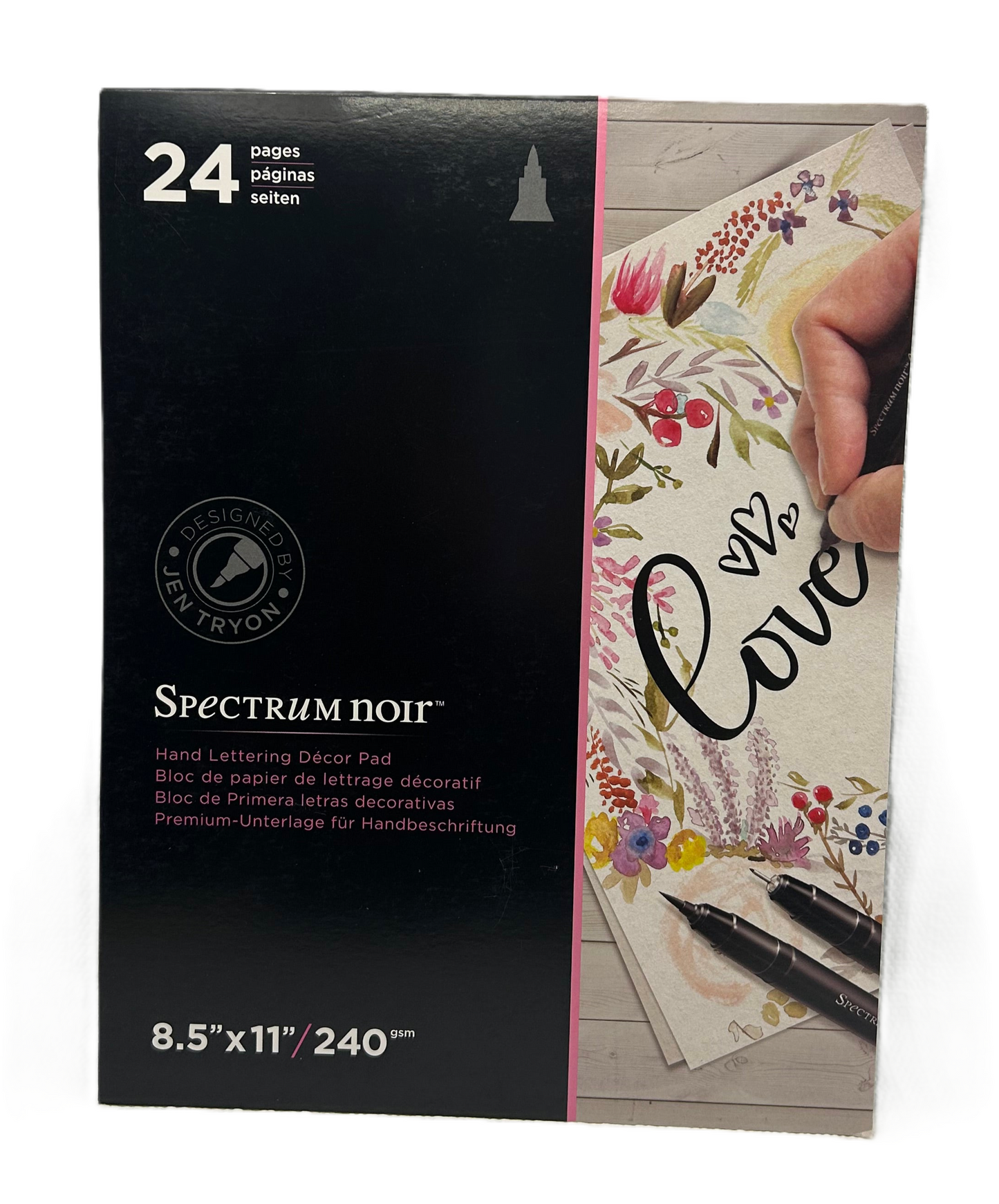 Spectrum Noir hand lettering decor pad with black cover and decorative paper on white background