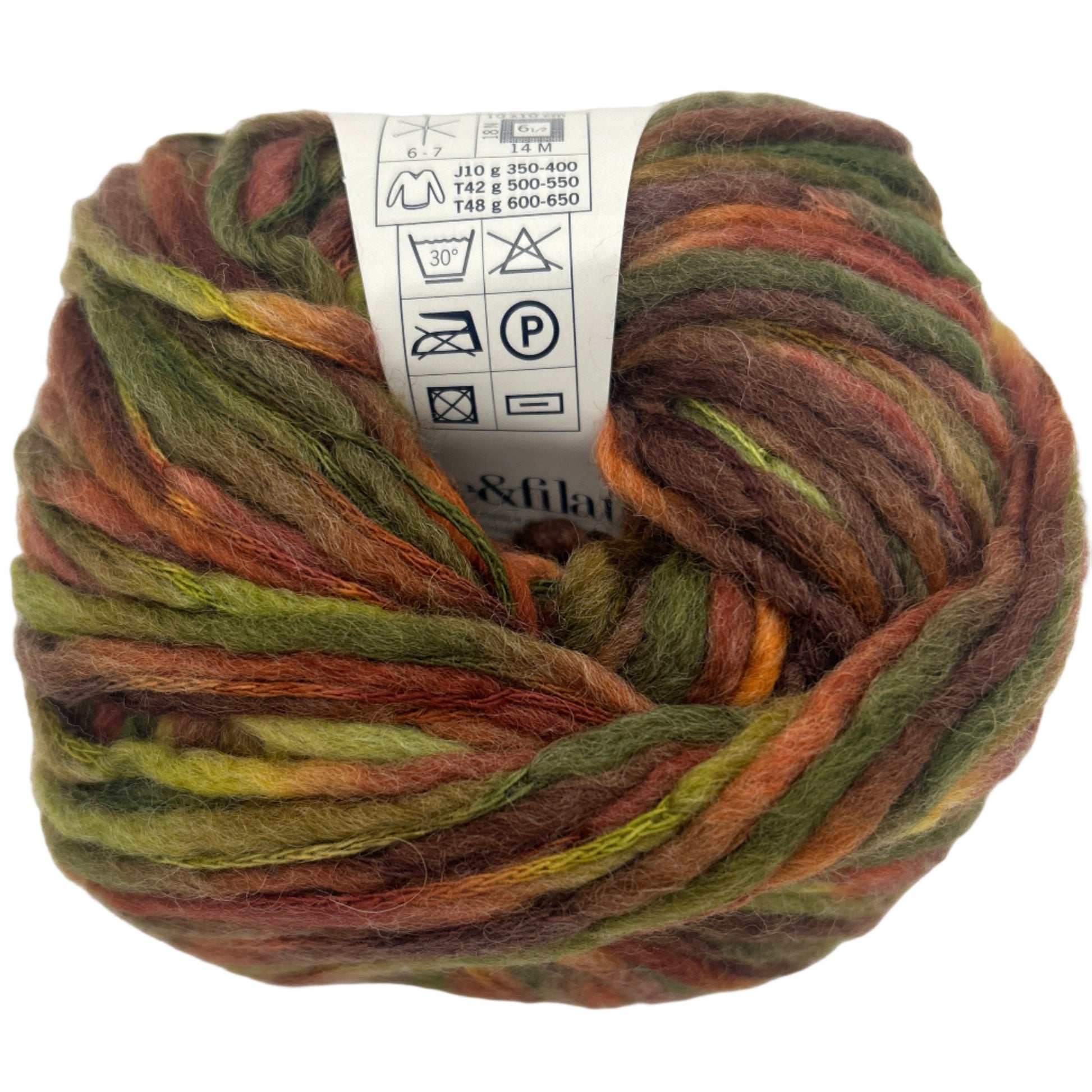 Multicolored skein of yarn with a label on a white background