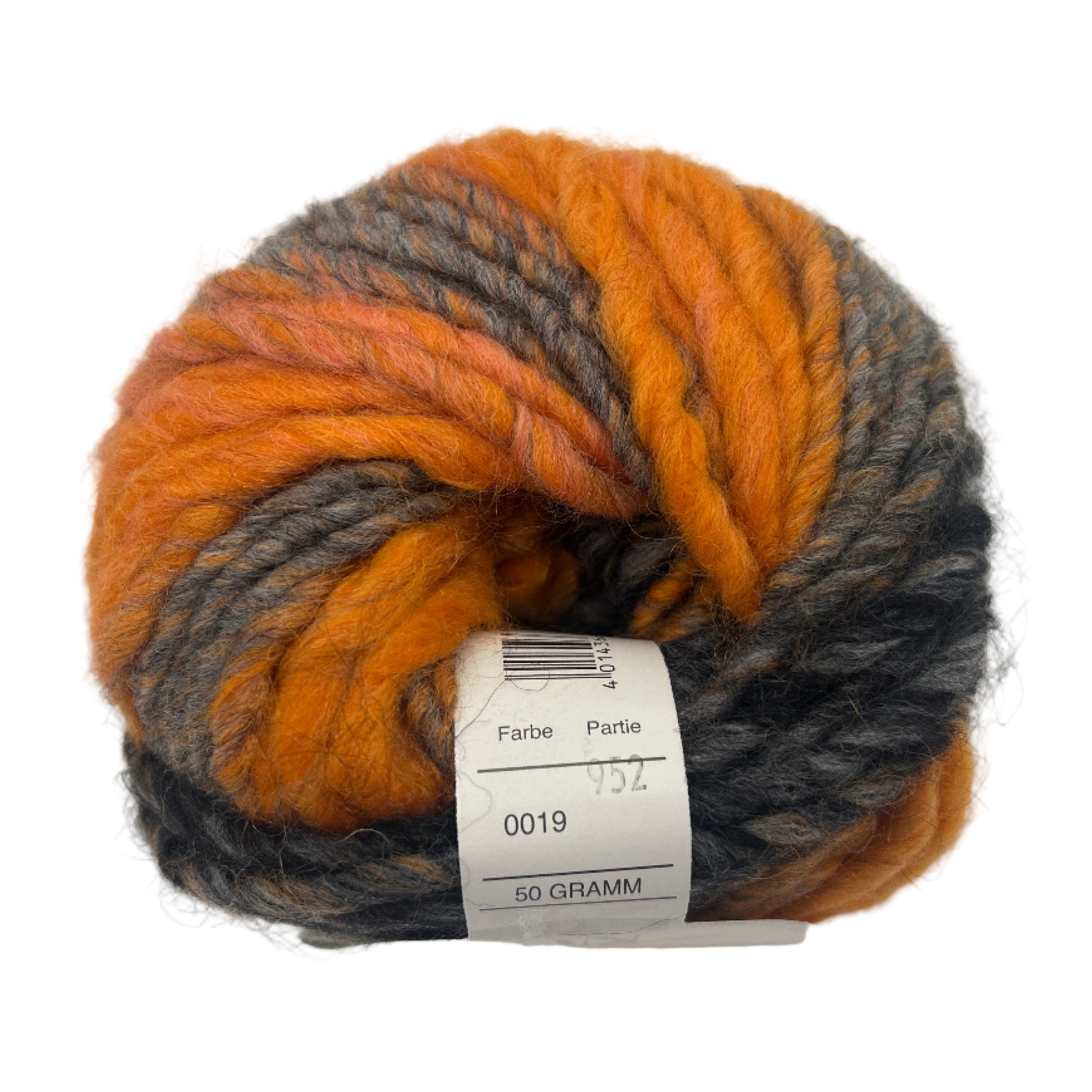 Multicolored yarn ball with a label on a white background