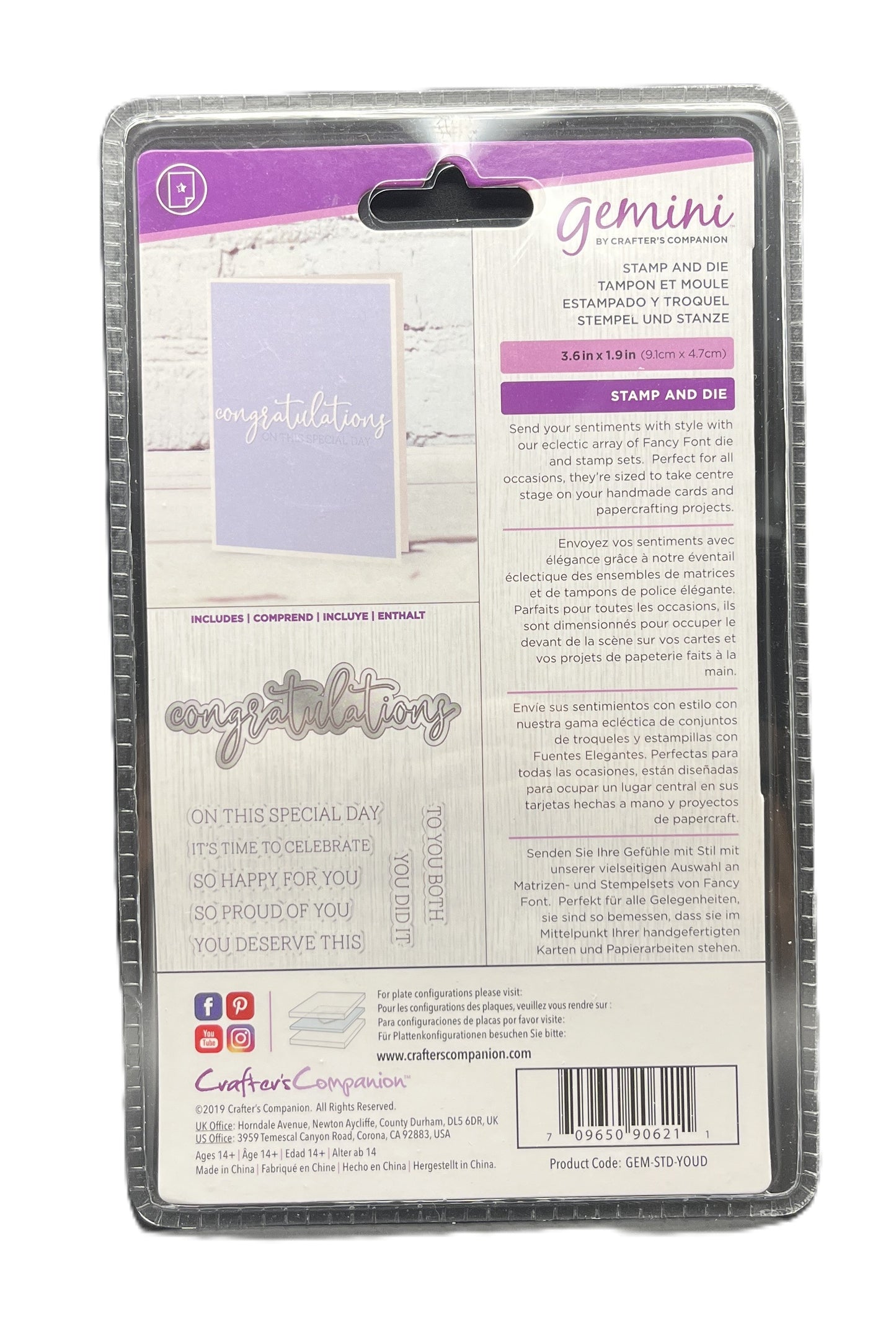 Clever Compadre Gemini stamp and die set packaging with purple and gray design.