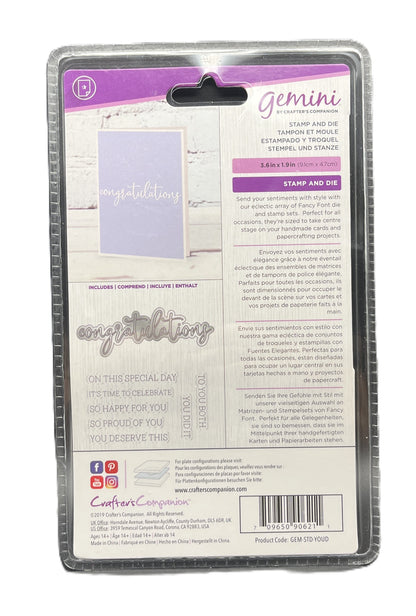 Clever Compadre Gemini stamp and die set packaging with purple and gray design.