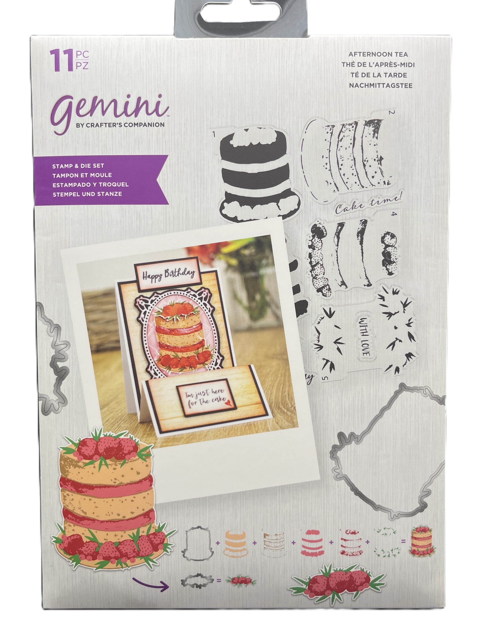 Packaging of Gemini stamp set with cake-themed stamps on a white background