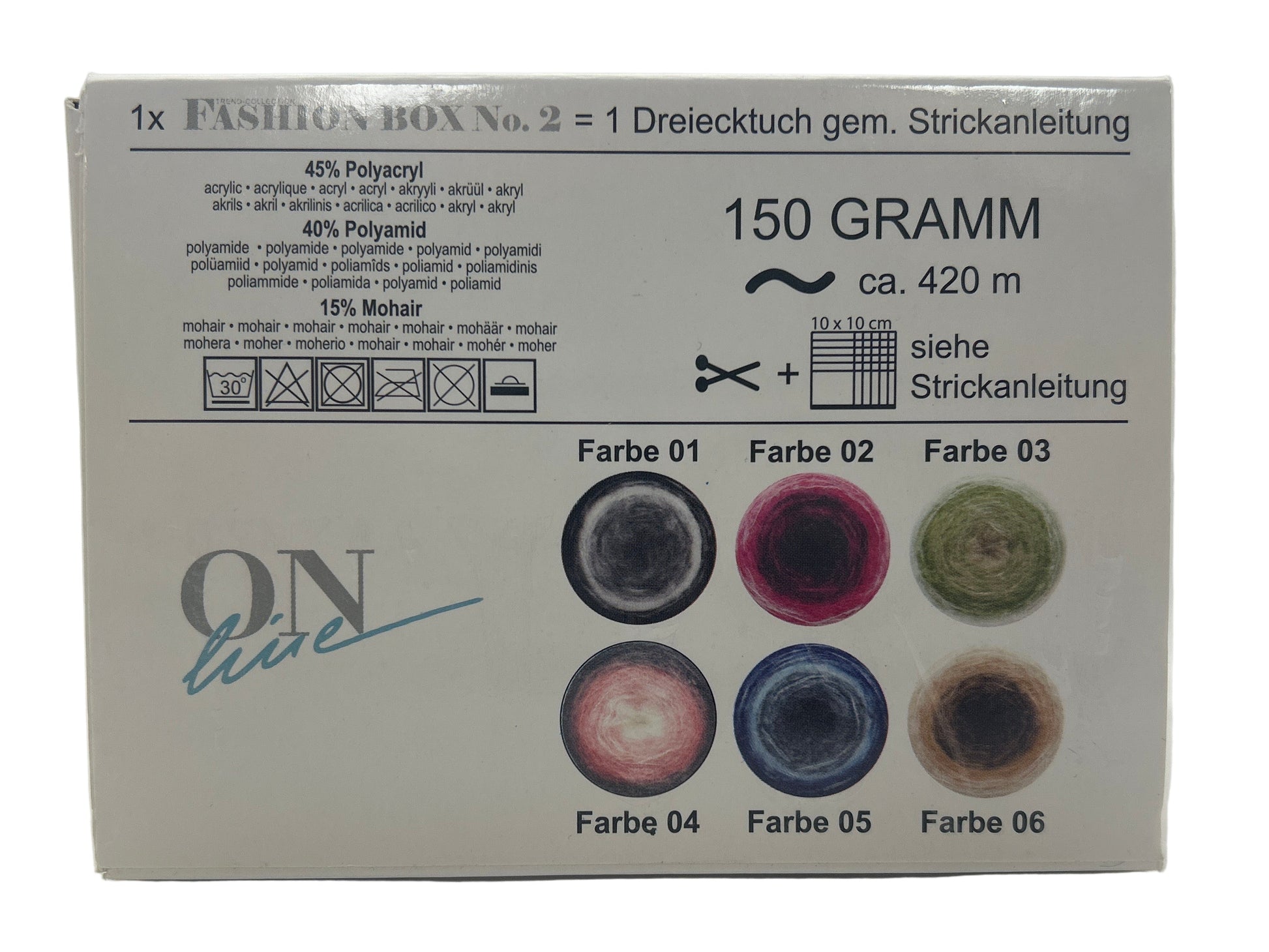Box of yarn with color swatches and text on a white background