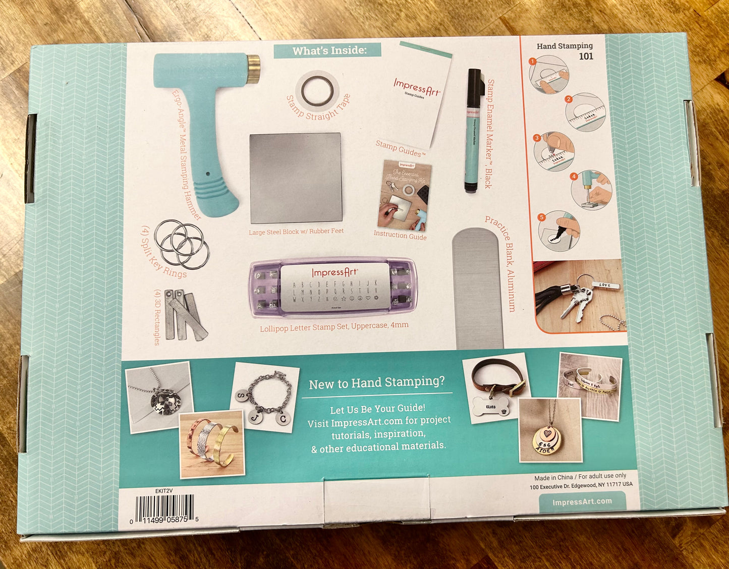 Jewelry-making kit packaging with tools and materials on a wooden surface