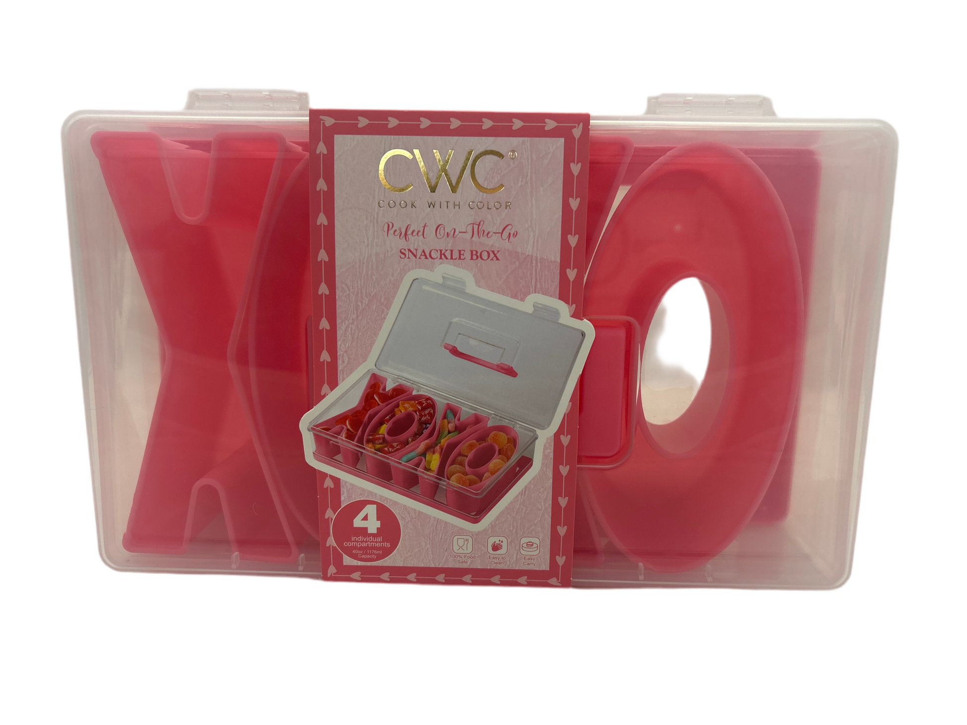 Red letter 'K' snack container with CWC packaging on a white background