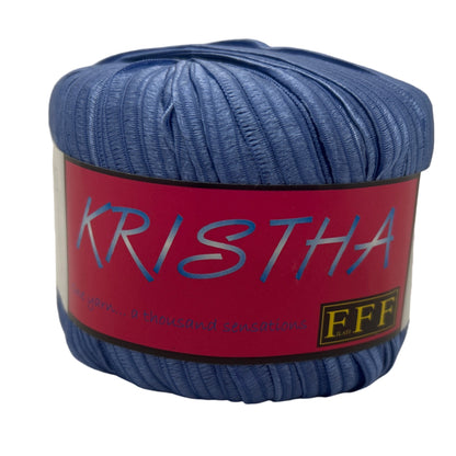Blue skein of yarn with a pink label on a white background
