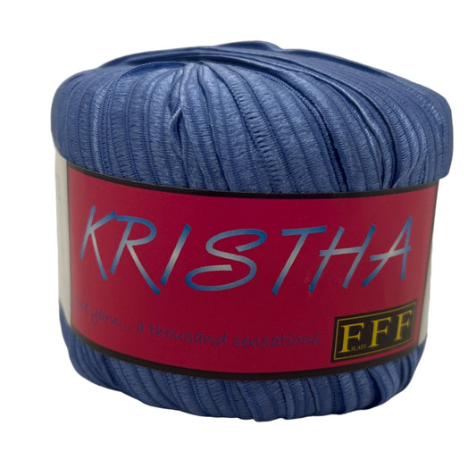 Blue skein of yarn with a pink label on a white background