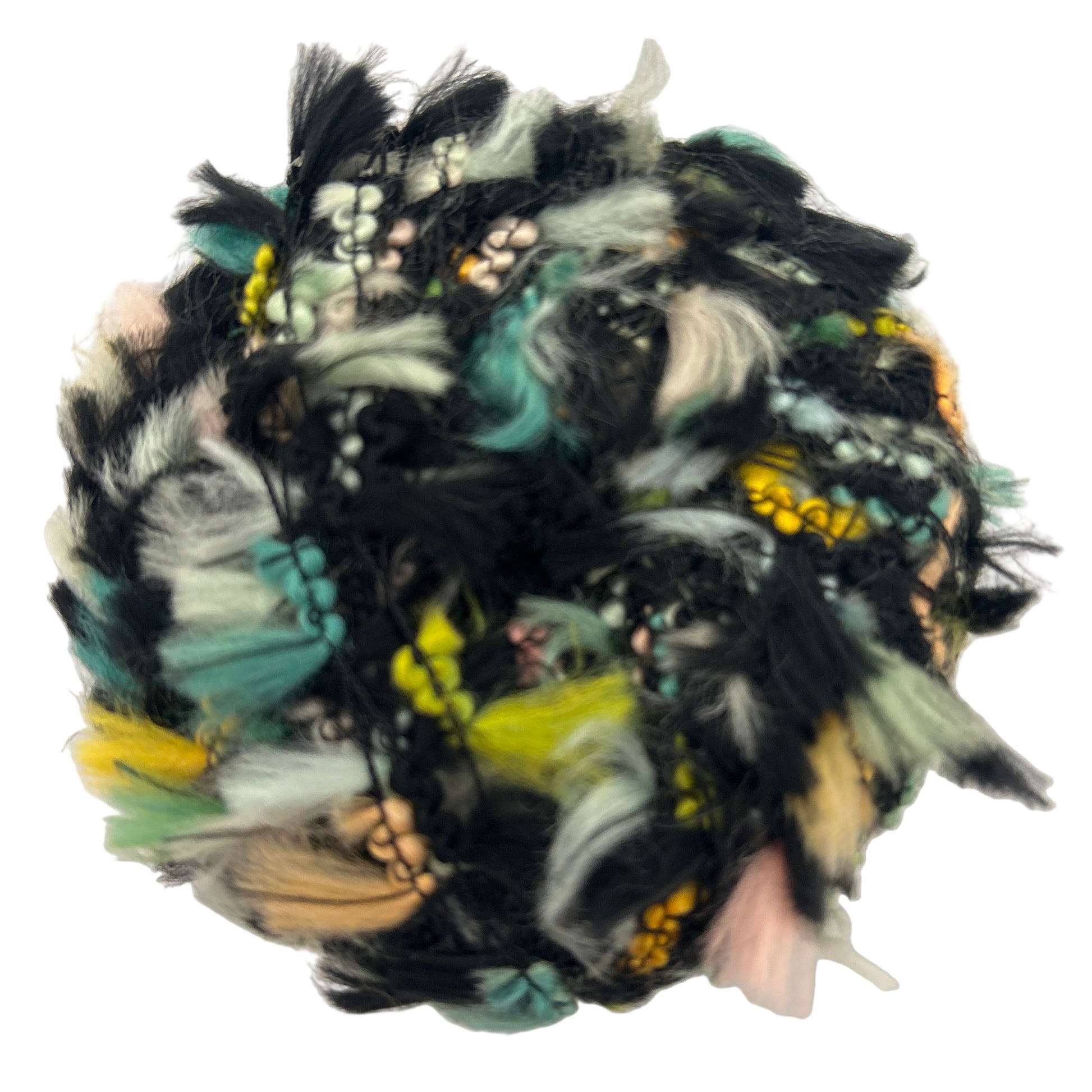 Colorful feathered object on a white background
