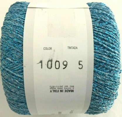 Blue yarn ball with a label on a white background