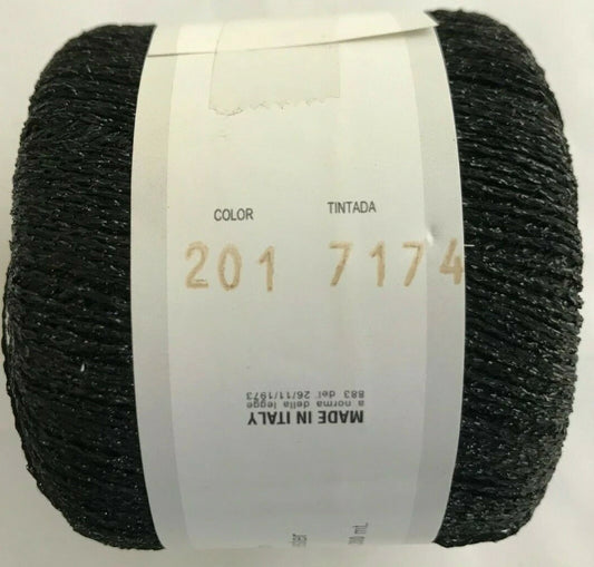 Ball of black yarn with a white label on a white background