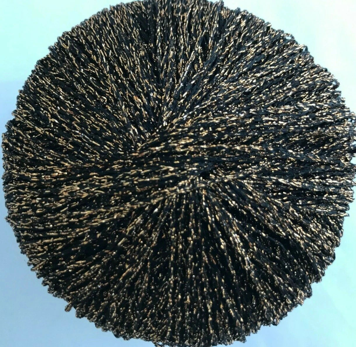 Round black object with textured surface on a blue background
