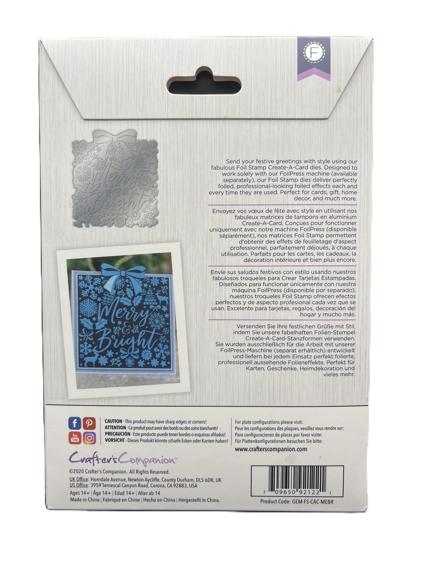 Back of a product packaging with text and a small window displaying a design.