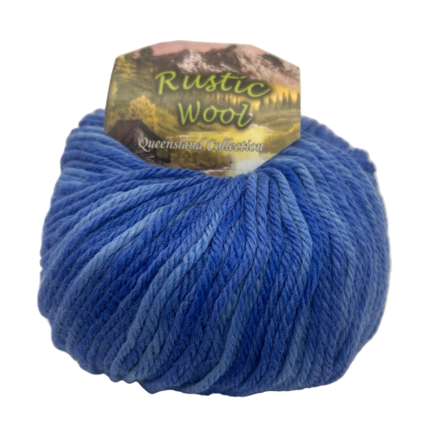 Blue skein of yarn with a 'Rustic Wool' label on a white background