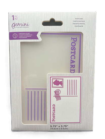 Packaged postcard with dimensions and branding on a white background