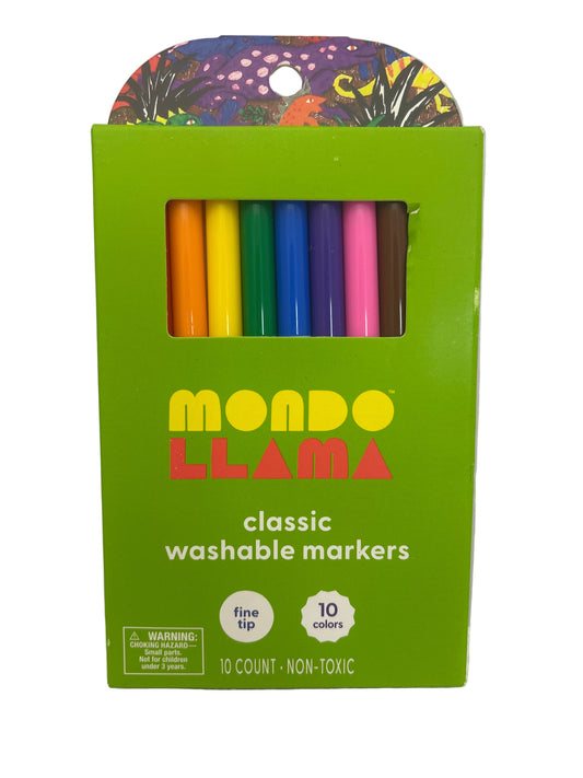 Box of Mondo Llama washable markers with colorful caps on a white background