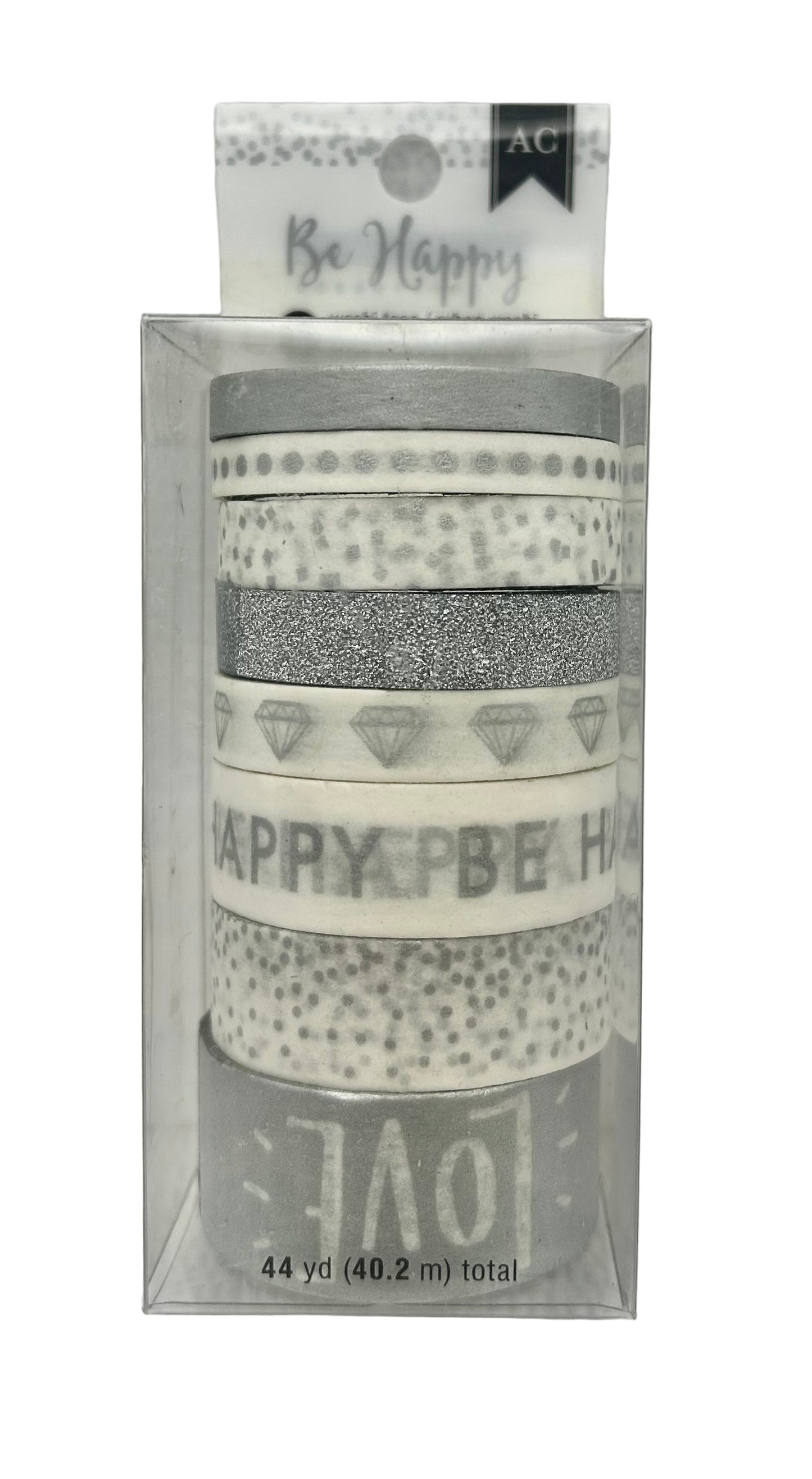 Set of washi tape rolls with decorative designs and text in a clear packaging on a white background.