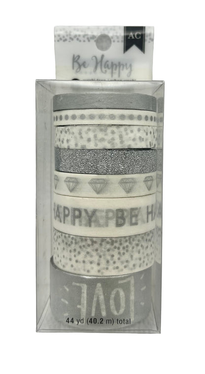 Set of washi tape rolls with decorative designs and text in a clear packaging on a white background.