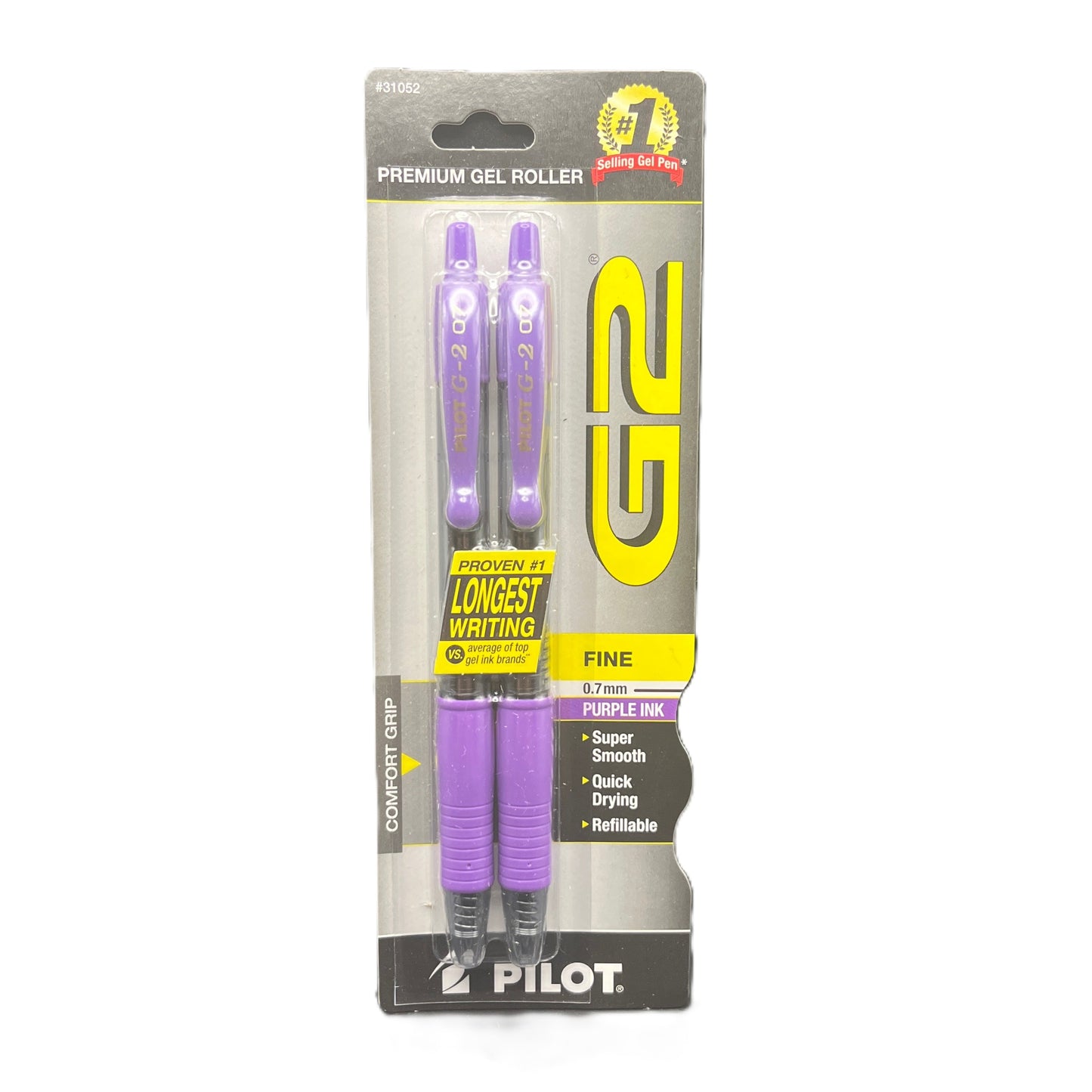 Pilot G2 gel roller pens in purple packaging on a white background