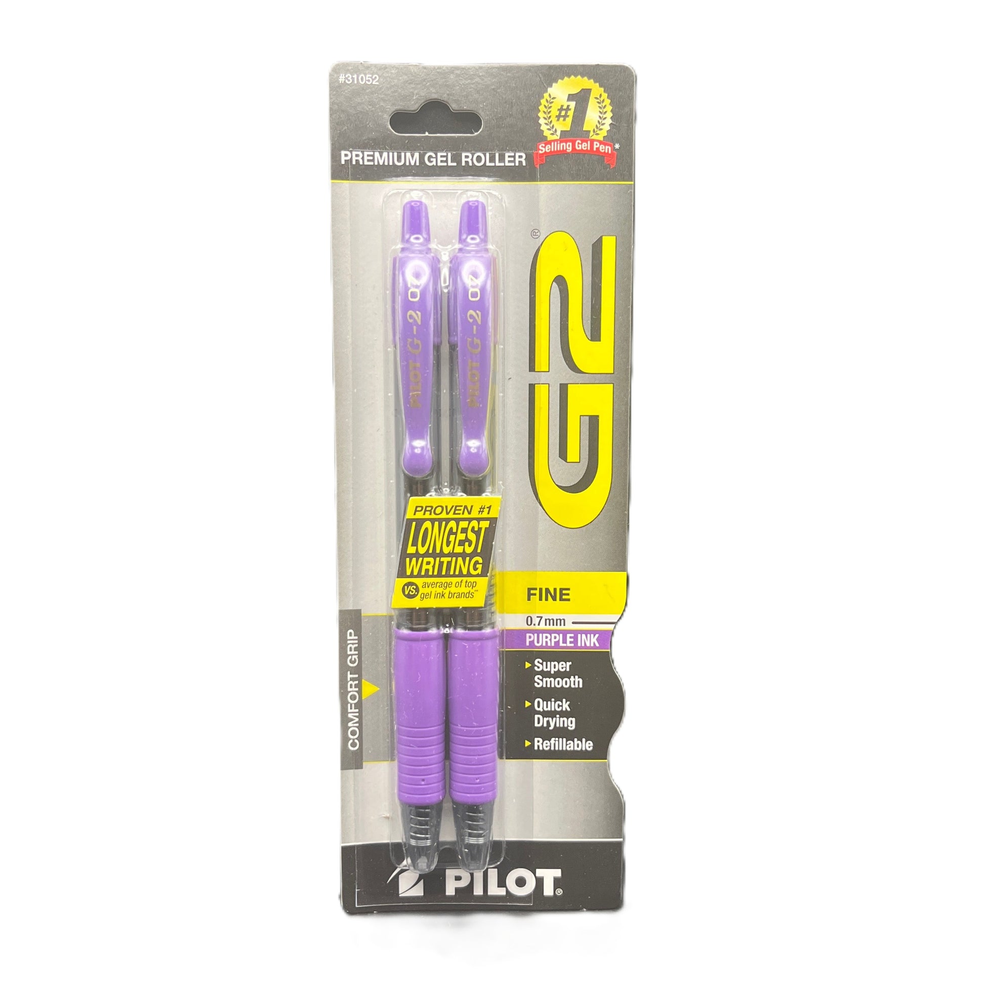 Pilot G2 gel roller pens in purple packaging on a white background