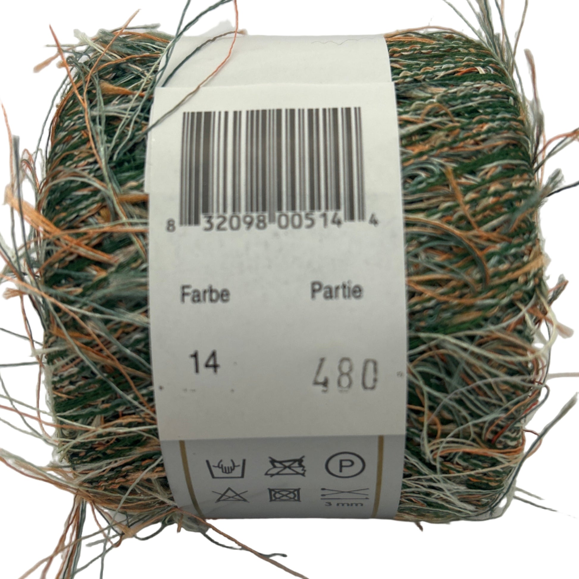 Ball of green yarn with a label on a white background