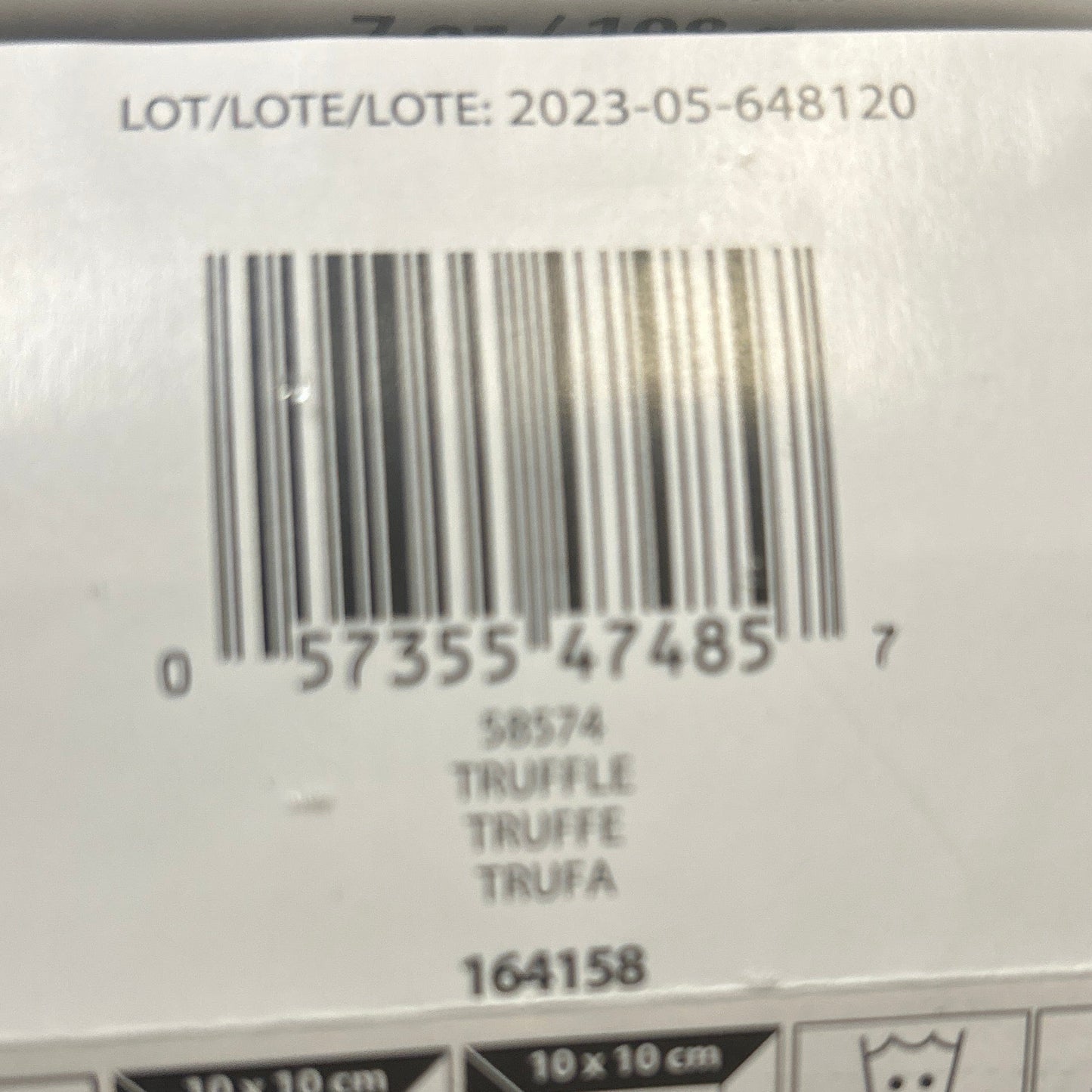 Barcode label with product details on a white background