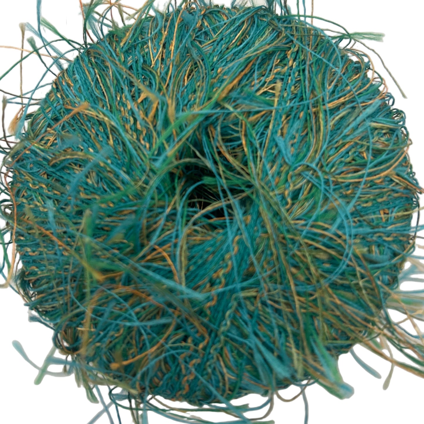 Ball of teal yarn on a white background