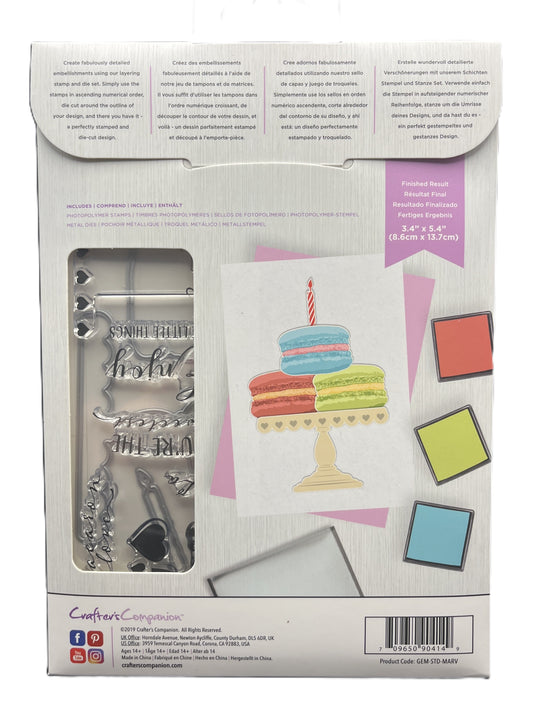 Package of stamp set with cake illustration and metal stamps