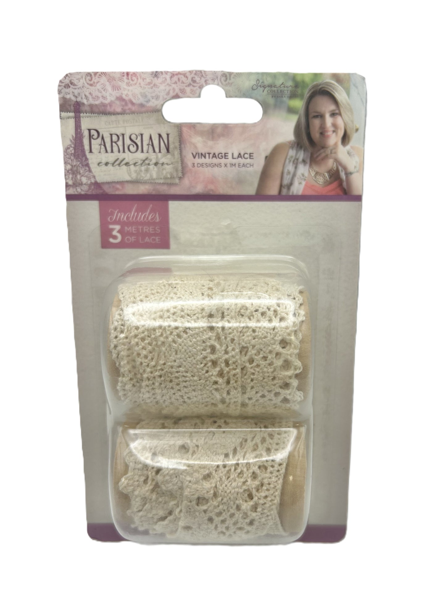 Packaged vintage lace with Parisian Collection branding on a white background