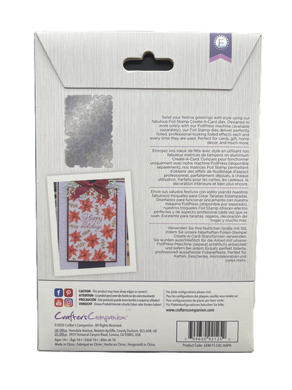 Back of a greeting card packaging with text and a sample card on a white background