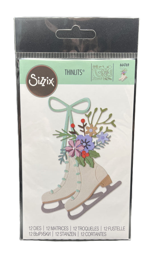 Sizzix Thinlits die set packaging with ice skate and floral design on a white background