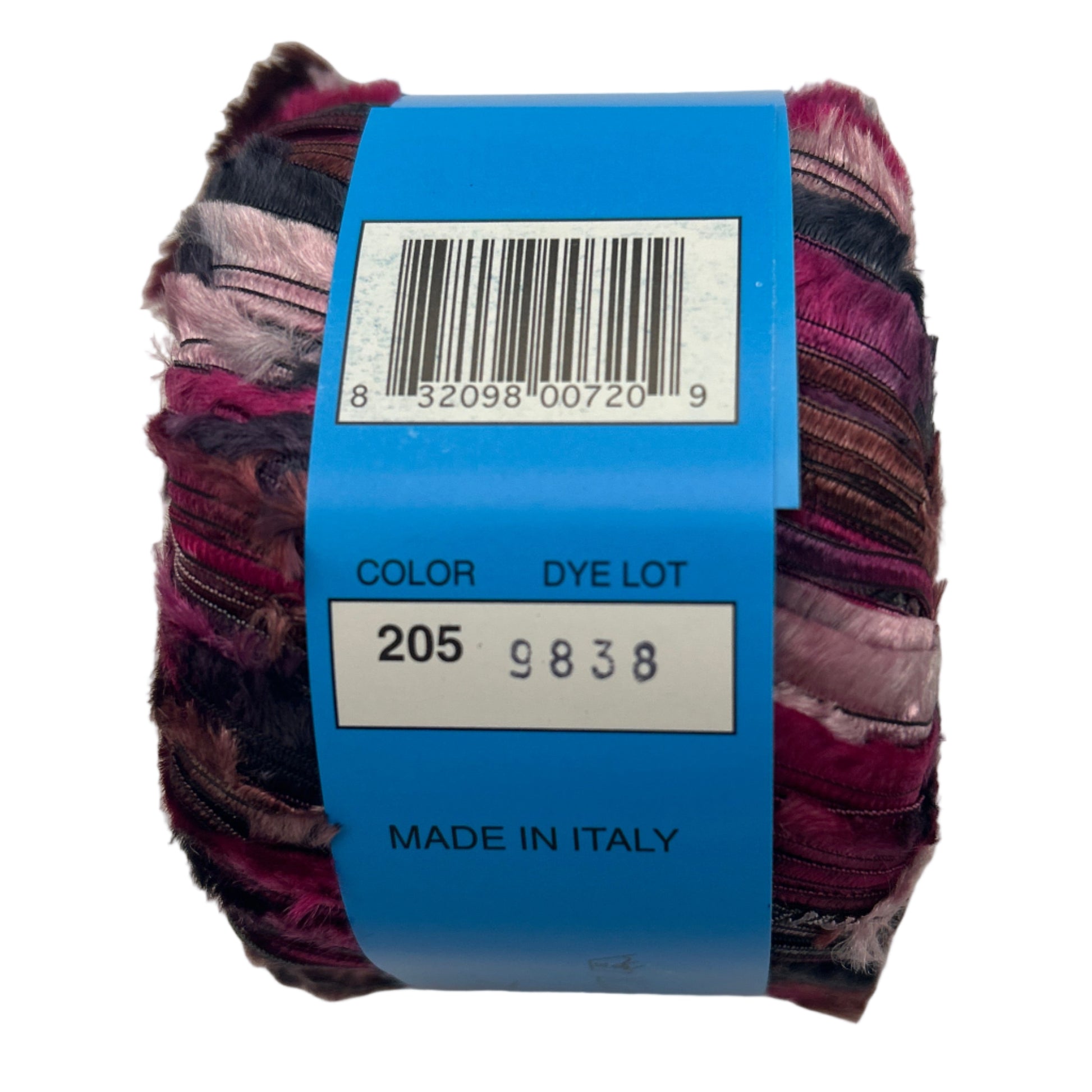 Multicolored yarn ball with a blue label on a white background