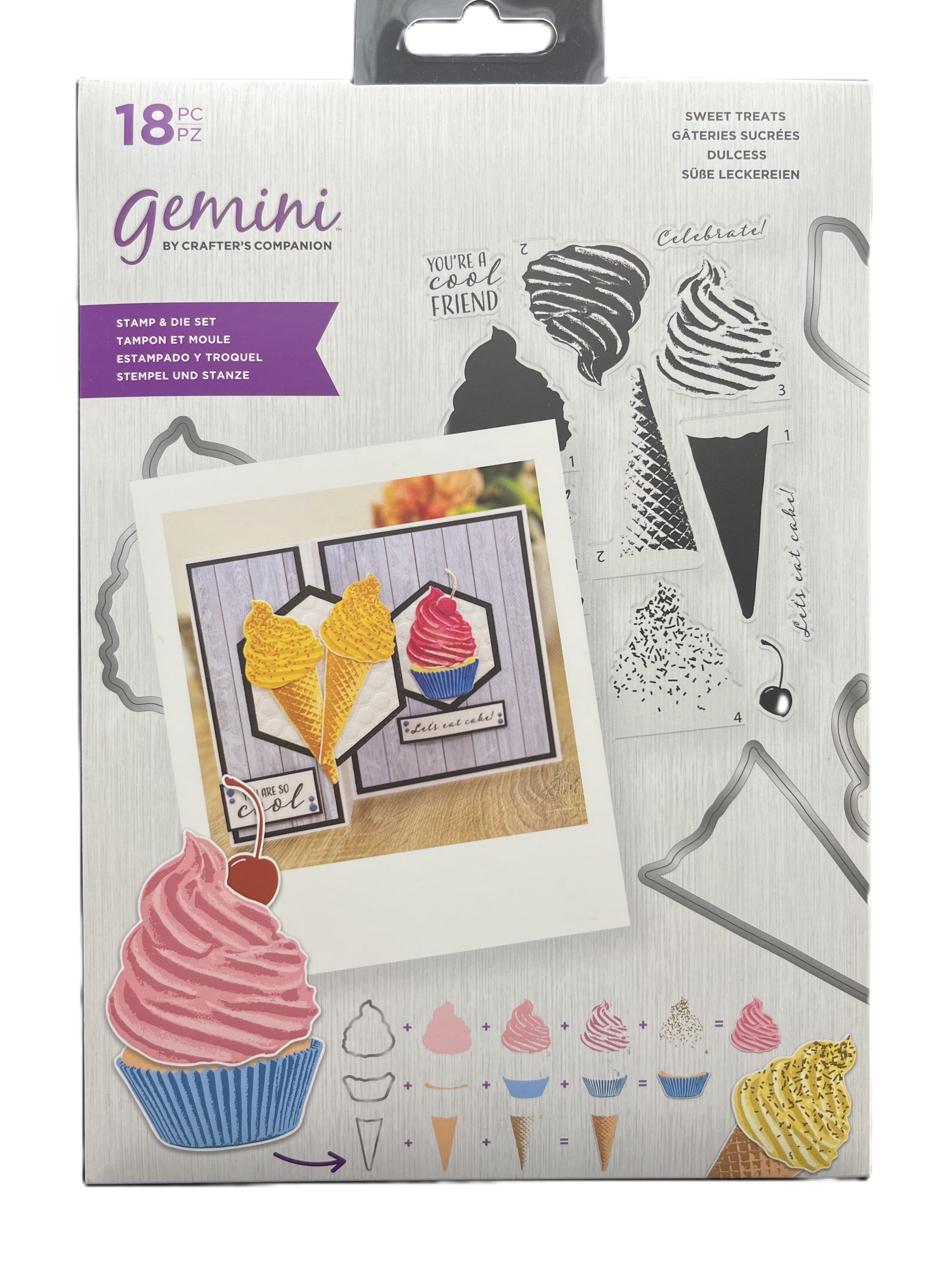 Packaging of Gemini stamp and die set with illustrations of a card, cupcake, and other decorative elements.