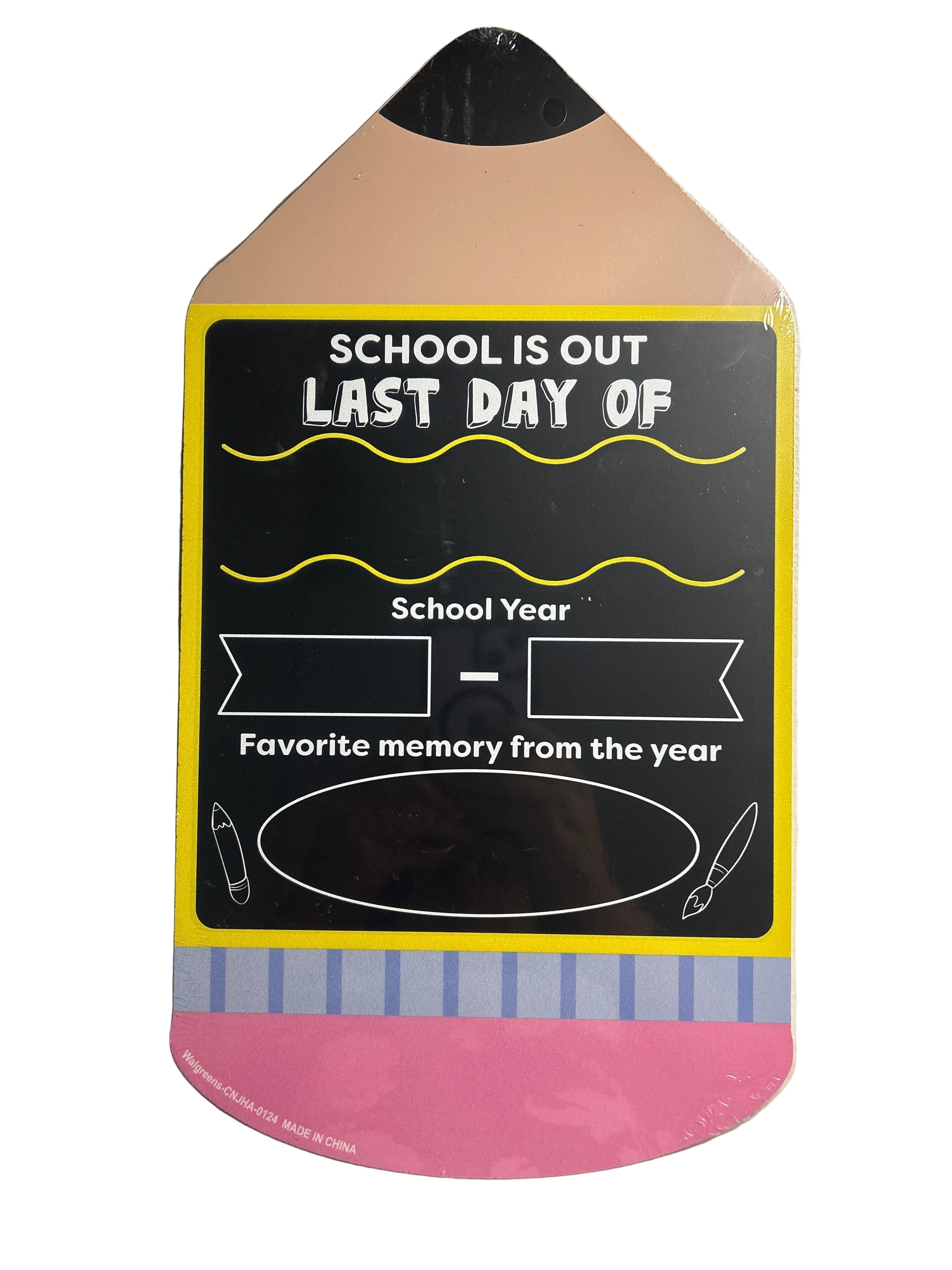 Card with 'School is Out Last Day of School Year' text on a metallic surface