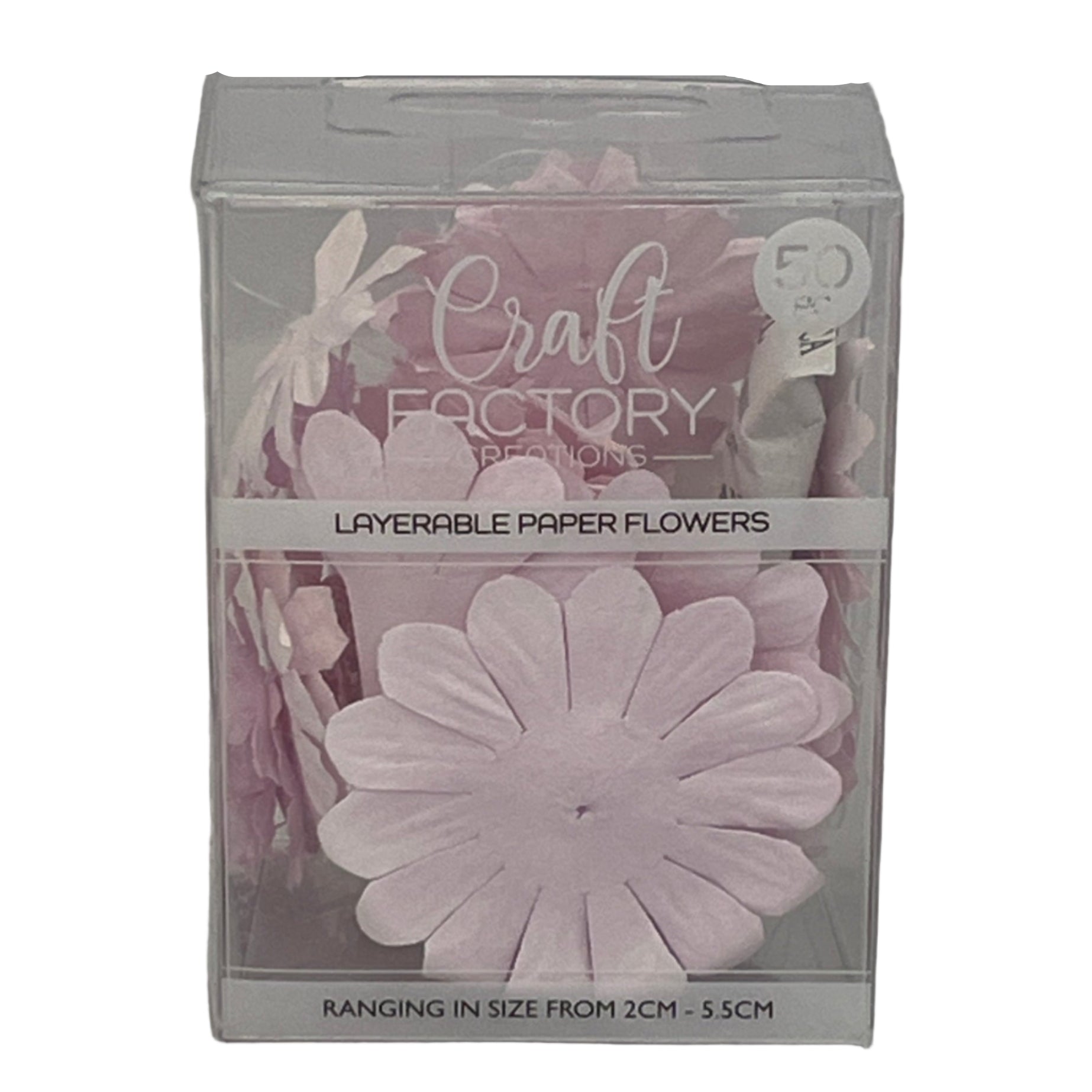 Packaged layerable paper flowers from Craft Factory Creations with a clear box.