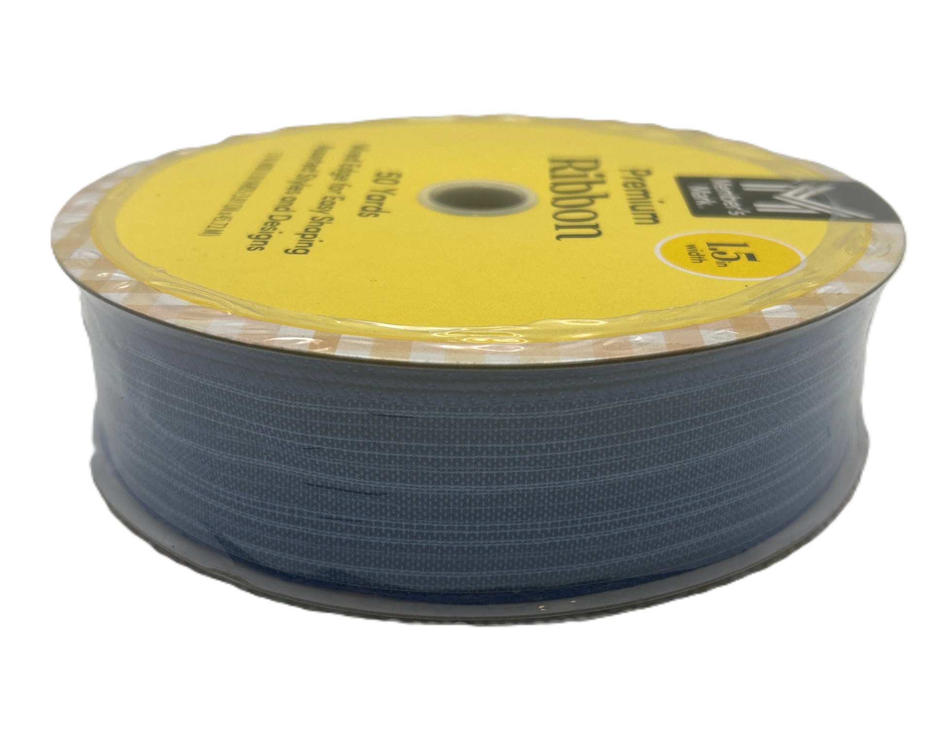 Spool of blue ribbon with a yellow label on a white background