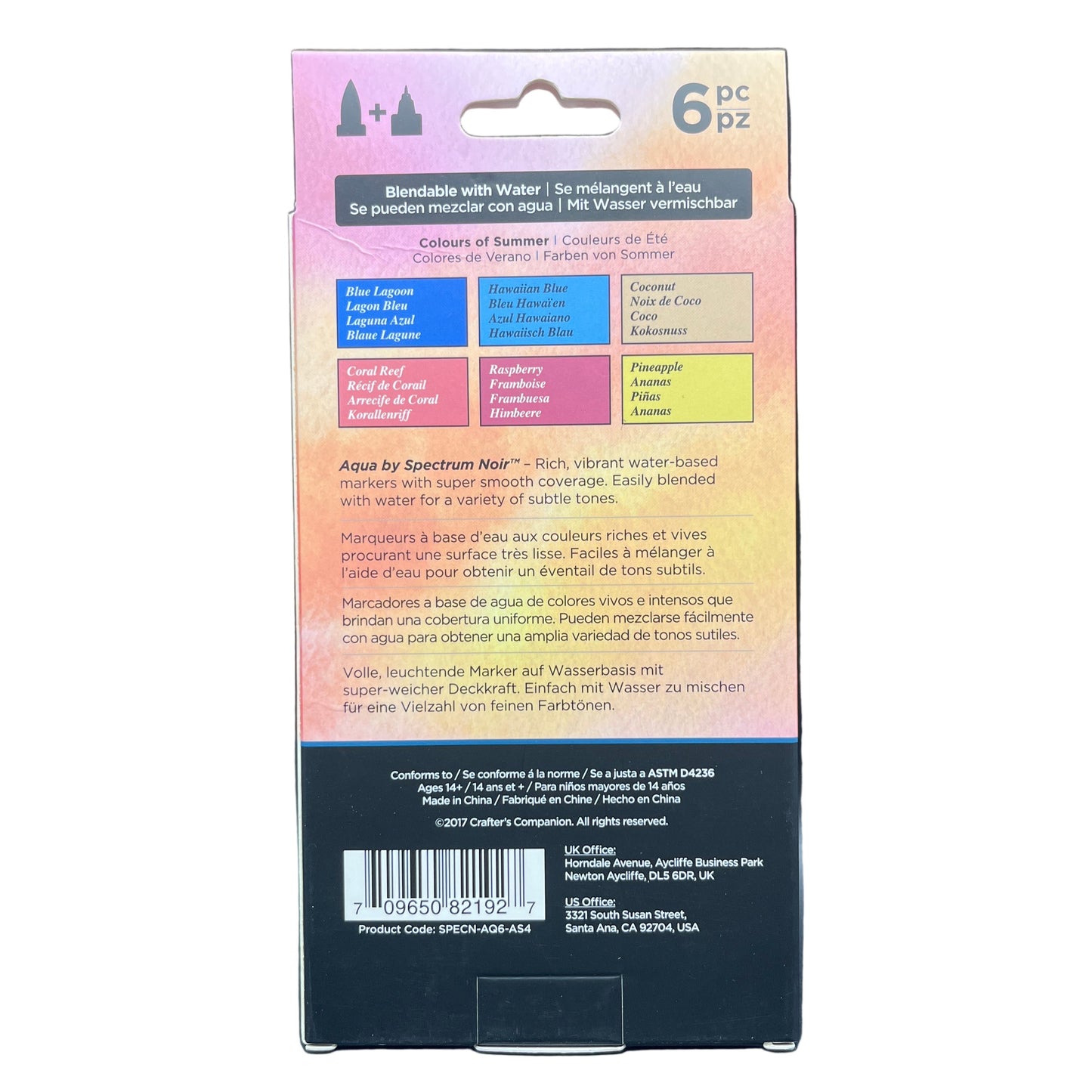 Back of a packaging with colorful gradient and text on a white background